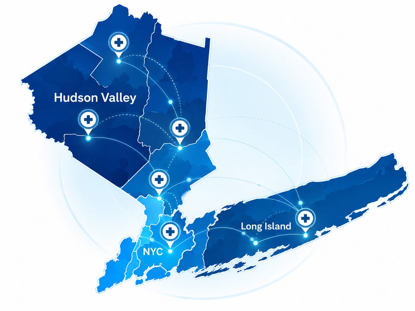 Map of a connected healthcare network across New York City, Long Island and the Hudson Valley
