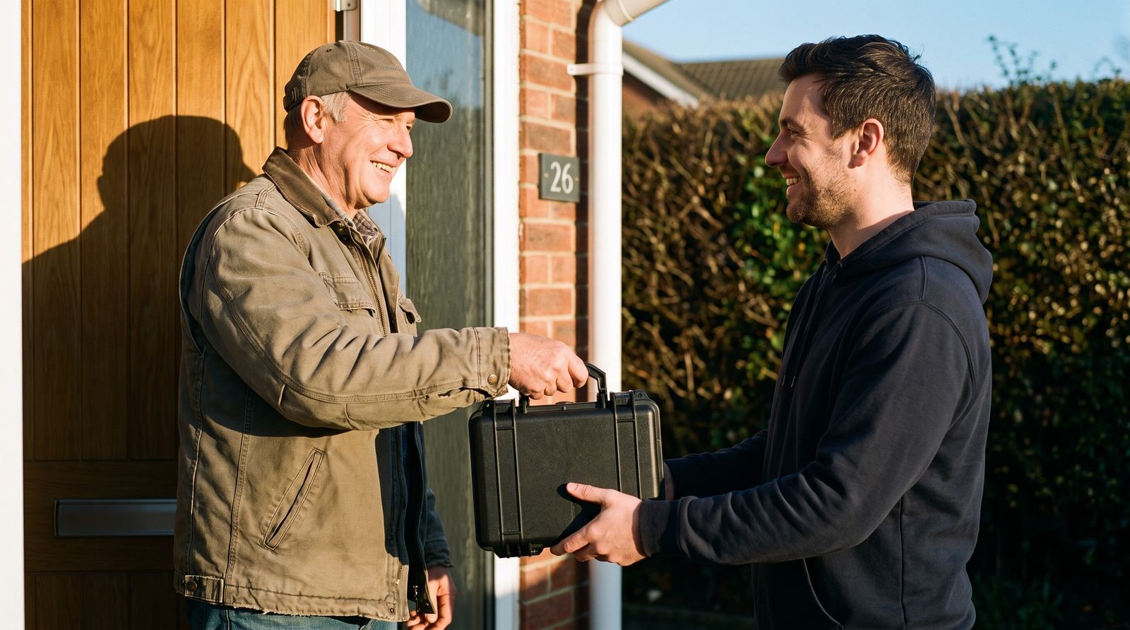 Courier handing a capsule kit case to a patient at his front door