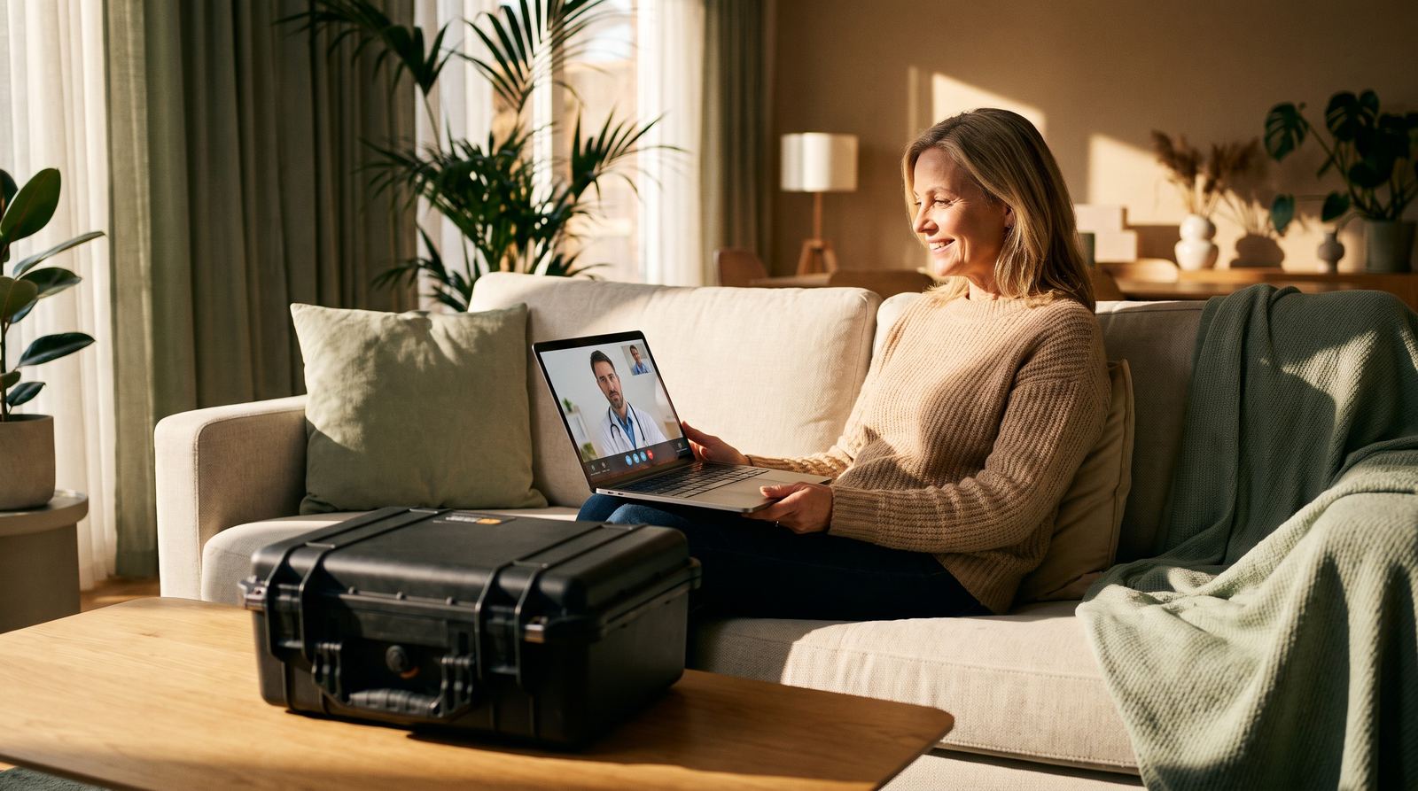A woman at home on a video call with a clinician, a capsule kit case on the table