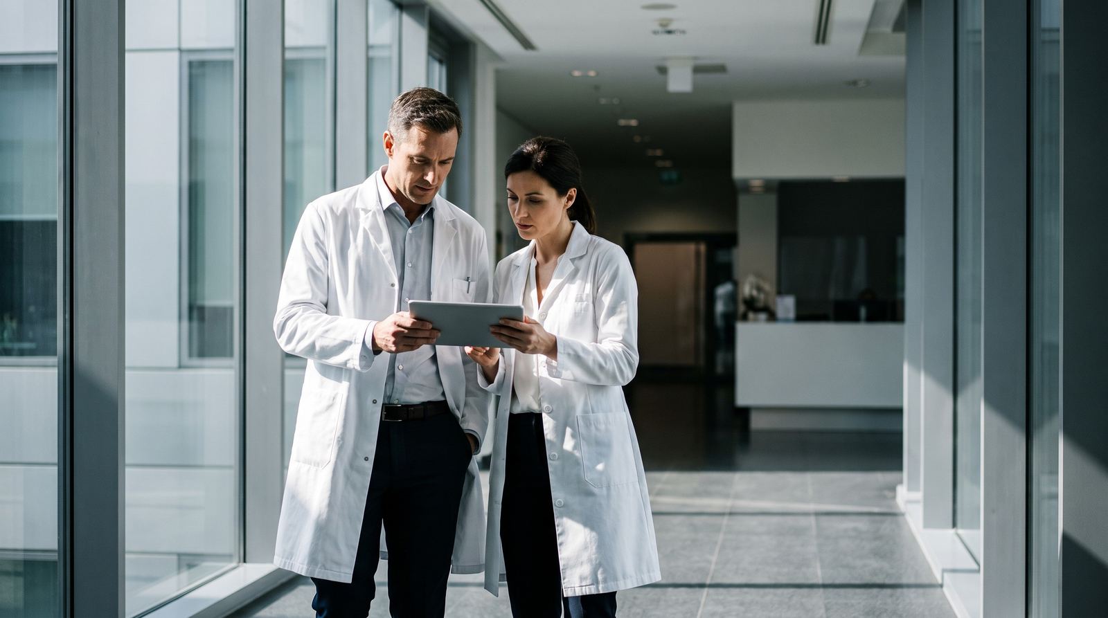 Two physicians reviewing a case on a tablet in a hospital corridor