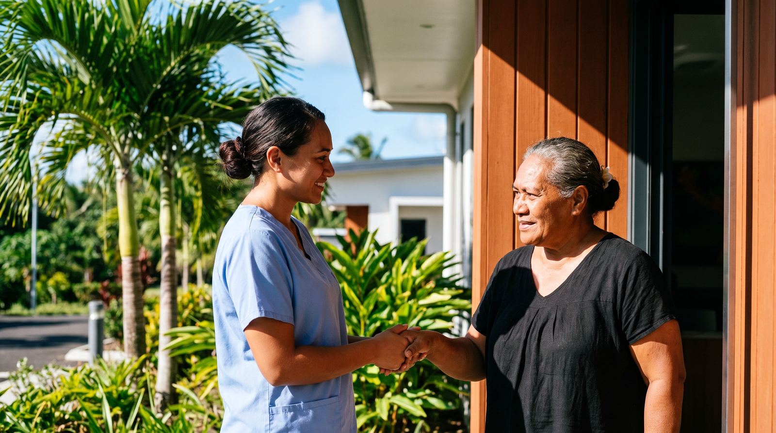 Nurse greeting a patient at a community clinic on a Pacific island