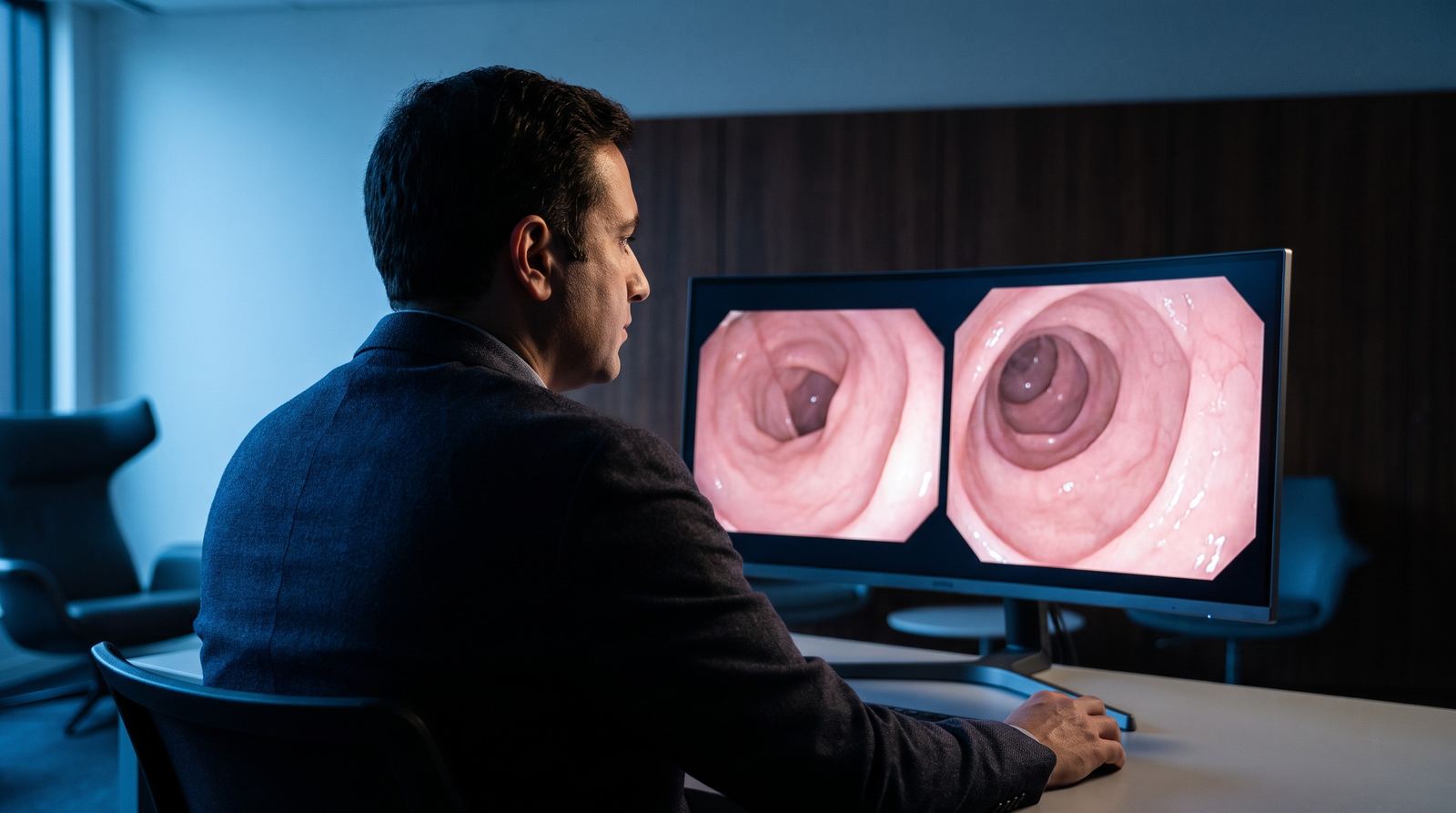 A clinician reviewing capsule endoscopy images on a large monitor